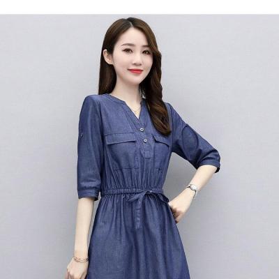 ĐẦM JEAN DENIM DÁNG XÒE CỔ V RÚT EO - N09
